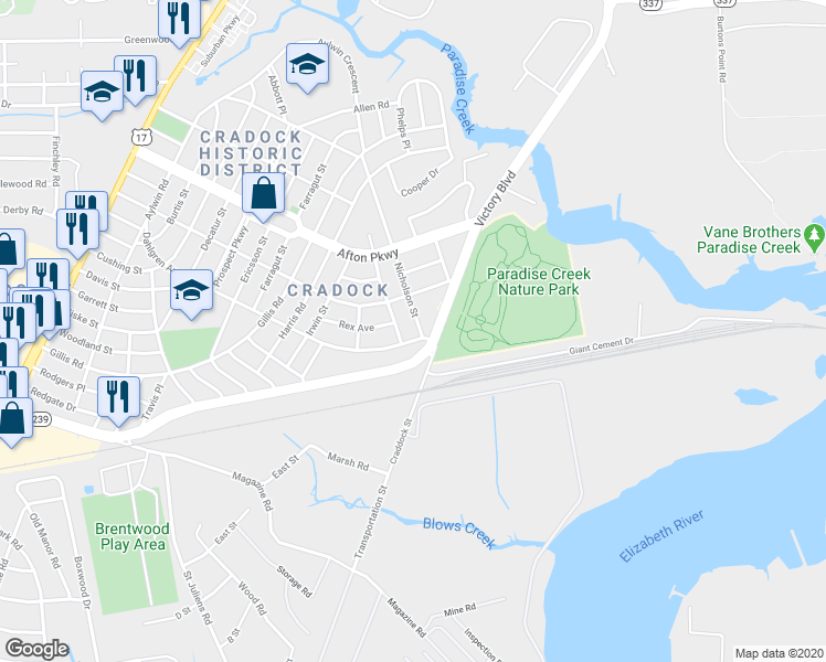 map of restaurants, bars, coffee shops, grocery stores, and more near 1128 Victory Boulevard in Portsmouth