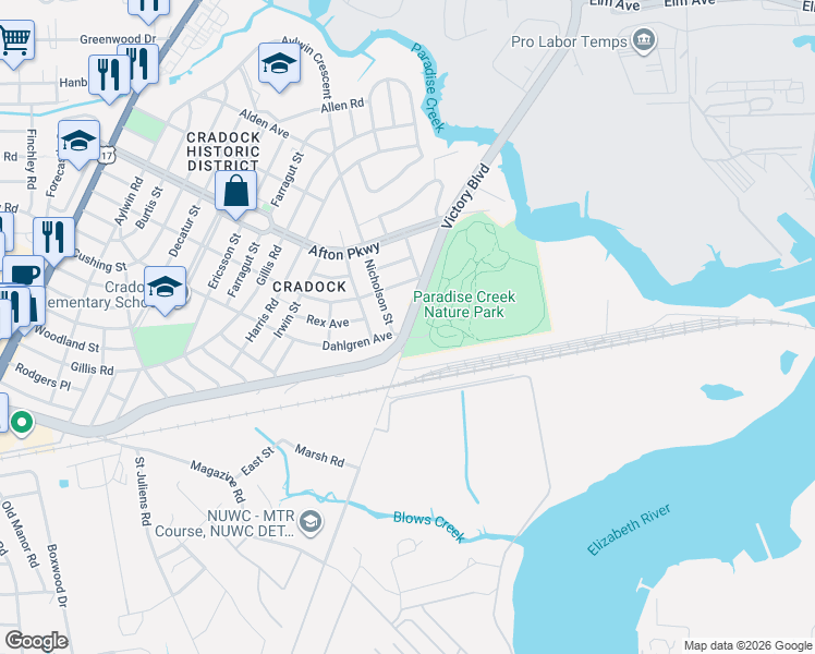 map of restaurants, bars, coffee shops, grocery stores, and more near 1128 Victory Boulevard in Portsmouth