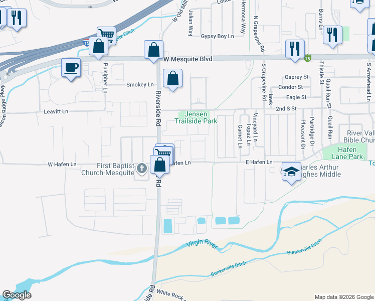 map of restaurants, bars, coffee shops, grocery stores, and more near 717 East Hafen Lane in Mesquite
