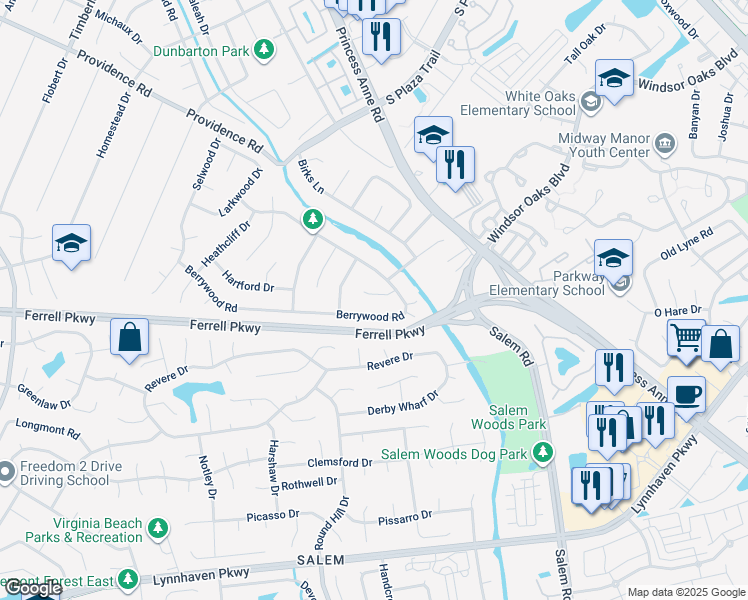 map of restaurants, bars, coffee shops, grocery stores, and more near 4713 Berrywood Court in Virginia Beach