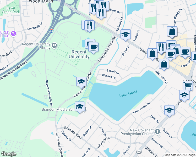 map of restaurants, bars, coffee shops, grocery stores, and more near 1100 Belvoir Lane in Virginia Beach