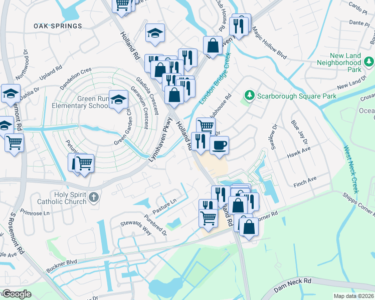 map of restaurants, bars, coffee shops, grocery stores, and more near 1236 White Birch Lane in Virginia Beach