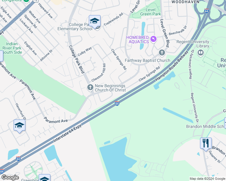 map of restaurants, bars, coffee shops, grocery stores, and more near 1361 Drexel Circle in Virginia Beach