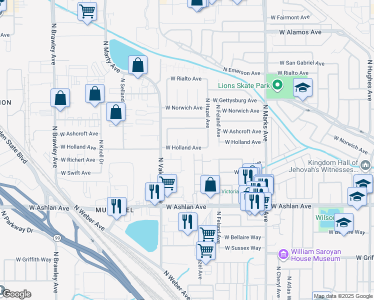 map of restaurants, bars, coffee shops, grocery stores, and more near 4229 North Tamera Avenue in Fresno