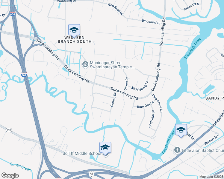 map of restaurants, bars, coffee shops, grocery stores, and more near 4105 Dock Landing Road in Chesapeake