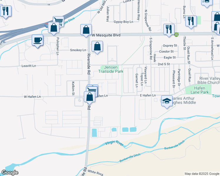 map of restaurants, bars, coffee shops, grocery stores, and more near 280 Riverside Road in Mesquite