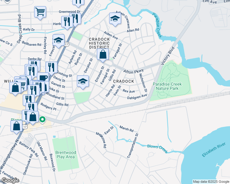 map of restaurants, bars, coffee shops, grocery stores, and more near 85 Dahlgren Avenue in Portsmouth