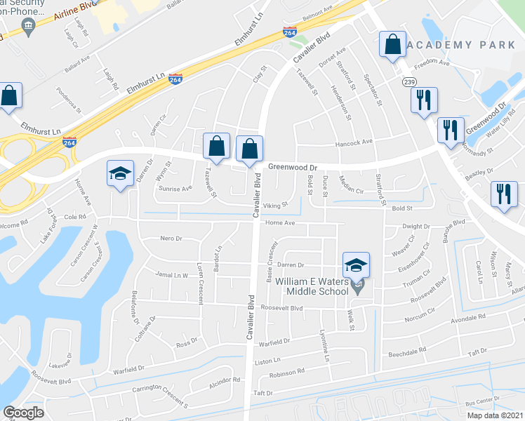 map of restaurants, bars, coffee shops, grocery stores, and more near 301 Viking Street in Portsmouth