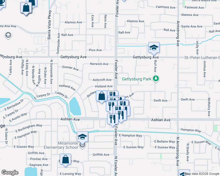 map of restaurants, bars, coffee shops, grocery stores, and more near 1751 Holland Avenue in Clovis