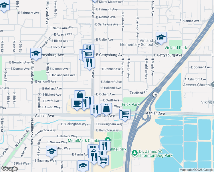 map of restaurants, bars, coffee shops, grocery stores, and more near 4324 East Ashcroft Avenue in Fresno