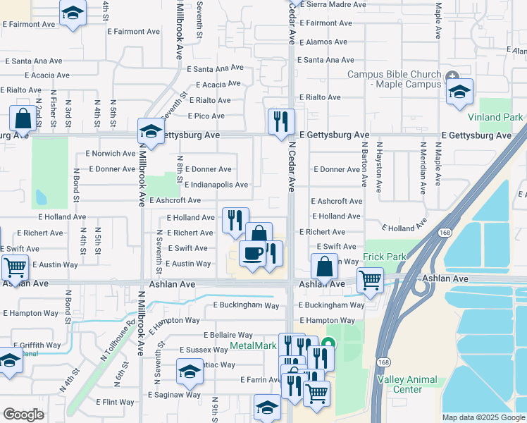 map of restaurants, bars, coffee shops, grocery stores, and more near 4411 North Cedar Avenue in Fresno