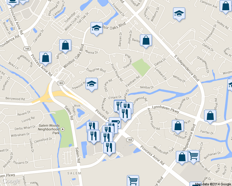 map of restaurants, bars, coffee shops, grocery stores, and more near 4221 Lindberg Place in Virginia Beach