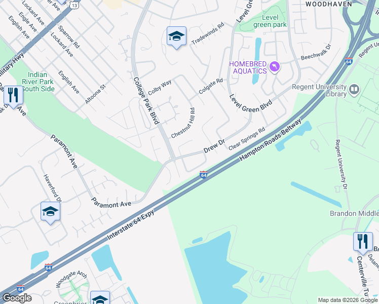 map of restaurants, bars, coffee shops, grocery stores, and more near 6305 Dickinson Way in Virginia Beach
