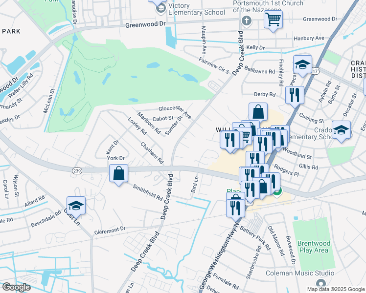 map of restaurants, bars, coffee shops, grocery stores, and more near 4719 Deep Creek Boulevard in Portsmouth