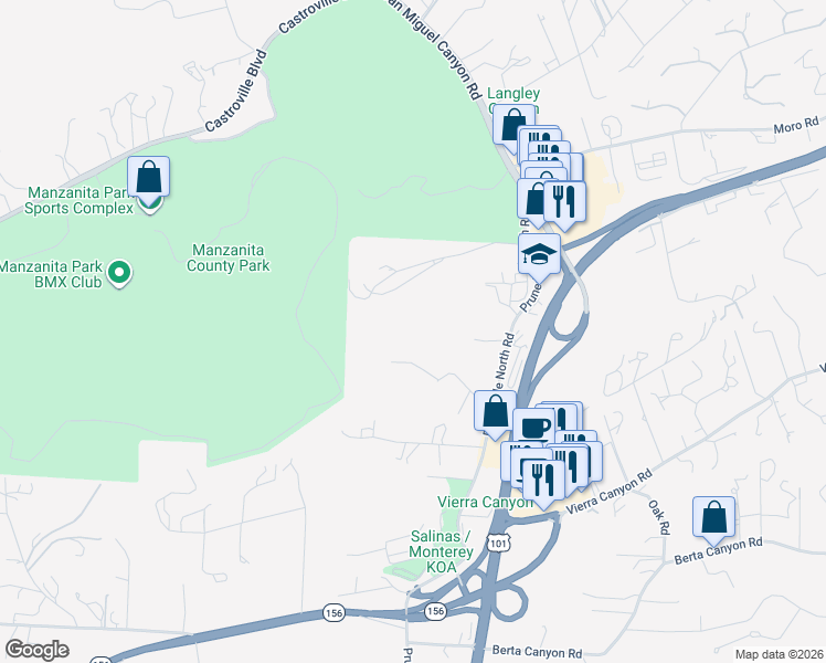 map of restaurants, bars, coffee shops, grocery stores, and more near 8280 Prunedale North Road in Salinas