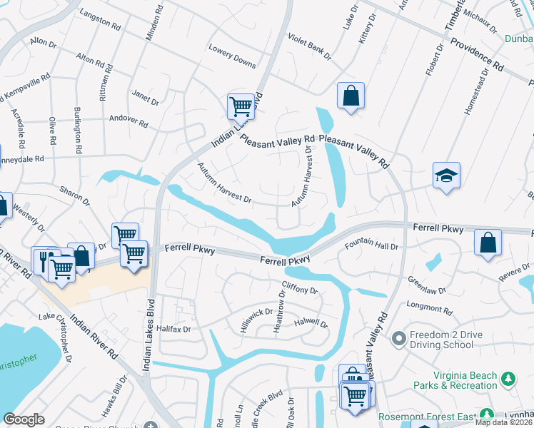 map of restaurants, bars, coffee shops, grocery stores, and more near 5100 Evesham Drive in Virginia Beach