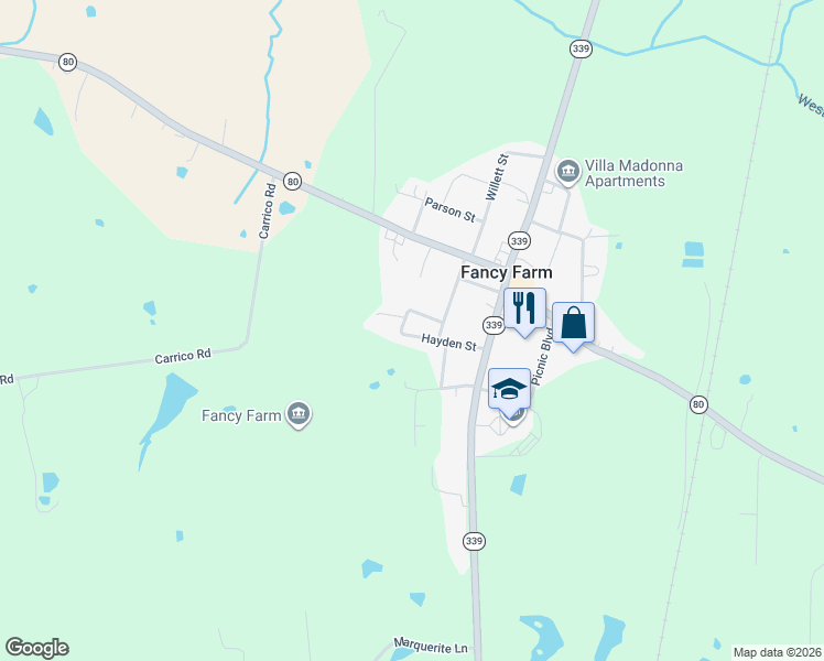 map of restaurants, bars, coffee shops, grocery stores, and more near 1-65 Hall Street in Fancy Farm