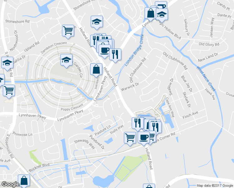 map of restaurants, bars, coffee shops, grocery stores, and more near 1232 White Birch Lane in Virginia Beach