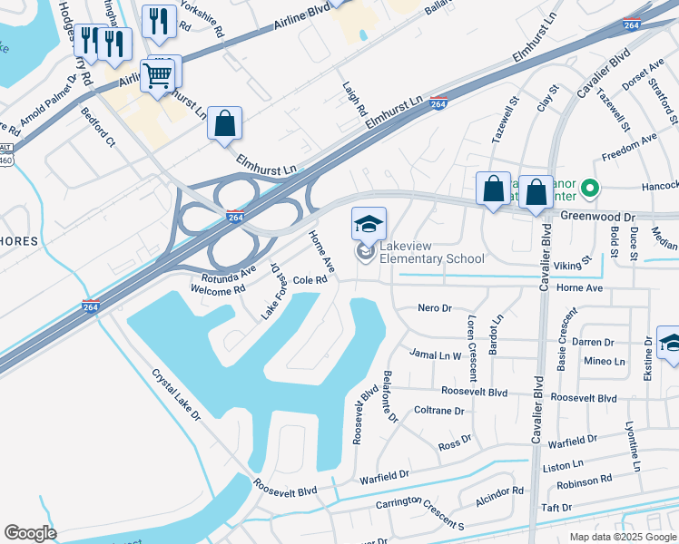 map of restaurants, bars, coffee shops, grocery stores, and more near 1404 Horne Avenue in Portsmouth