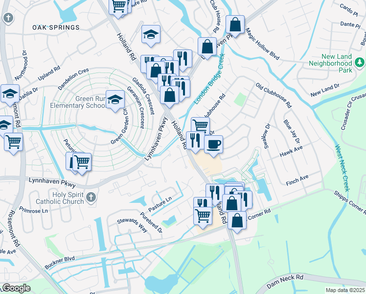 map of restaurants, bars, coffee shops, grocery stores, and more near 1232 White Birch Lane in Virginia Beach