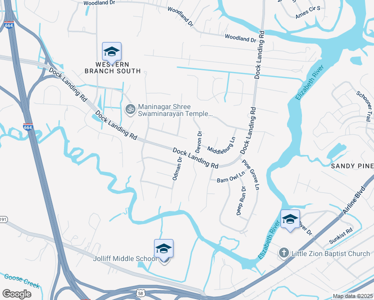 map of restaurants, bars, coffee shops, grocery stores, and more near 4060 Dock Landing Road in Chesapeake