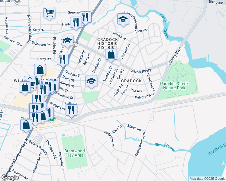 map of restaurants, bars, coffee shops, grocery stores, and more near 70 Dahlgren Avenue in Portsmouth