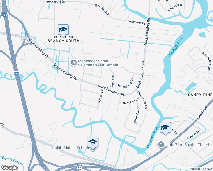 map of restaurants, bars, coffee shops, grocery stores, and more near 4060 Dock Landing Road in Chesapeake