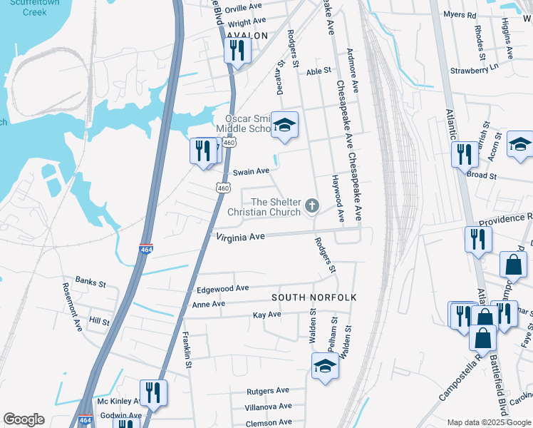 map of restaurants, bars, coffee shops, grocery stores, and more near 925 Redstart Avenue in Chesapeake