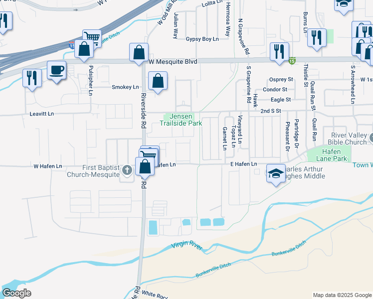 map of restaurants, bars, coffee shops, grocery stores, and more near 280 Riverside Road in Mesquite