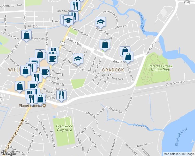 map of restaurants, bars, coffee shops, grocery stores, and more near 70 Dahlgren Avenue in Portsmouth