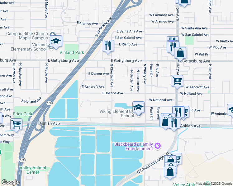 map of restaurants, bars, coffee shops, grocery stores, and more near 4815 East Holland Avenue in Fresno