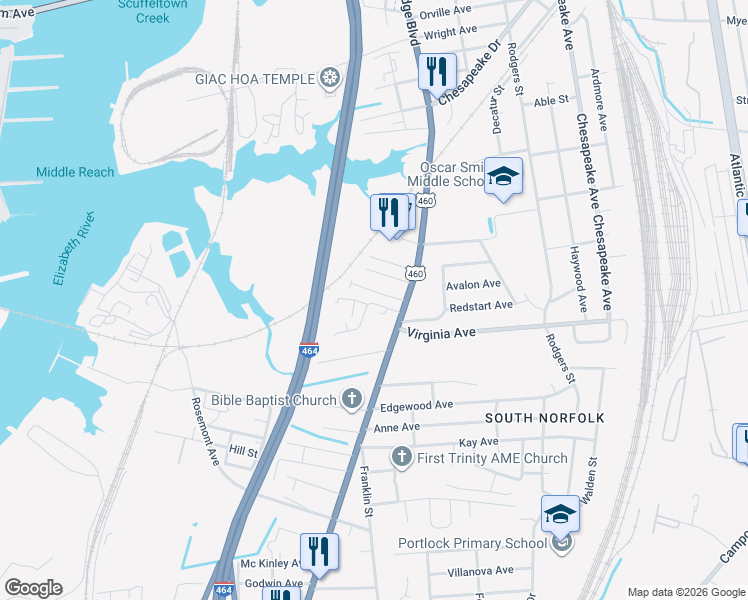map of restaurants, bars, coffee shops, grocery stores, and more near 1032 Trestle Way in Chesapeake