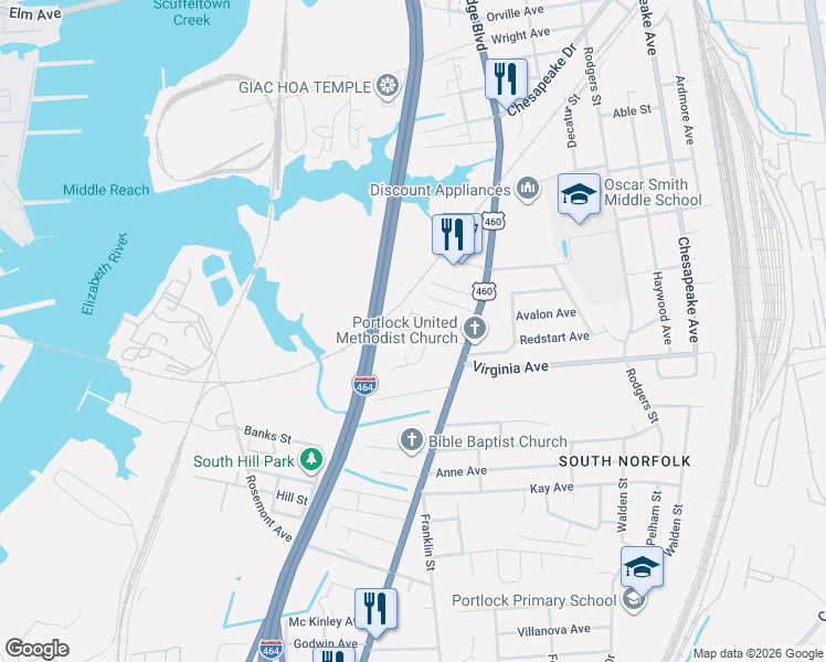 map of restaurants, bars, coffee shops, grocery stores, and more near 2602B Harvard Drive in Chesapeake