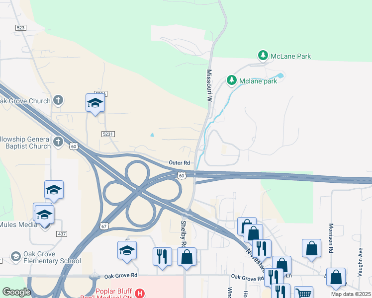 map of restaurants, bars, coffee shops, grocery stores, and more near 135 Missouri W in Poplar Bluff