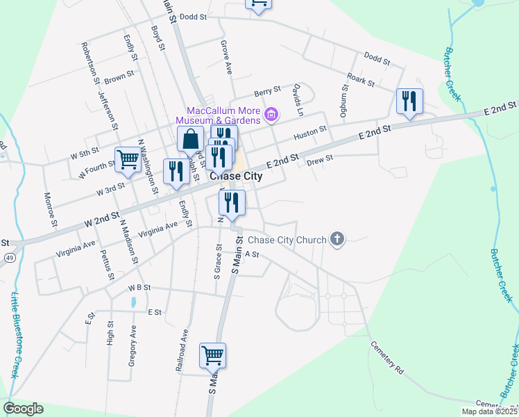 map of restaurants, bars, coffee shops, grocery stores, and more near 400 Mecklenburg Drive in Chase City