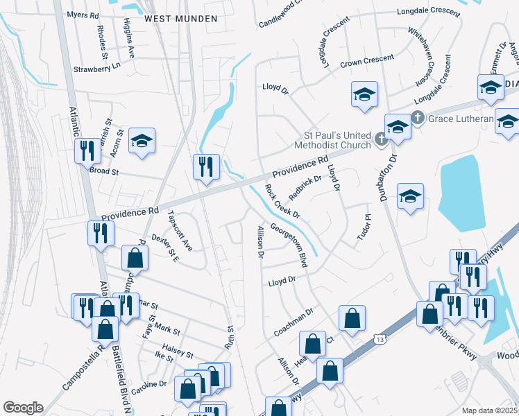 map of restaurants, bars, coffee shops, grocery stores, and more near 2305 Georgetown Boulevard in Chesapeake