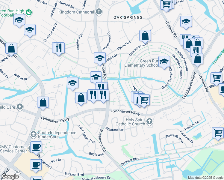map of restaurants, bars, coffee shops, grocery stores, and more near 3504 Mountain Drive in Virginia Beach