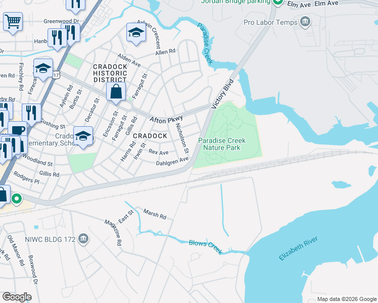 map of restaurants, bars, coffee shops, grocery stores, and more near 1128 Victory Boulevard in Portsmouth