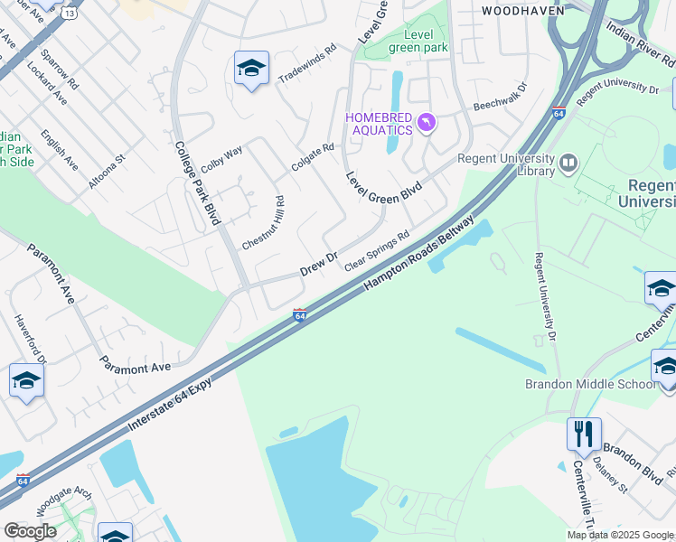 map of restaurants, bars, coffee shops, grocery stores, and more near 5991 Clear Springs Road in Virginia Beach