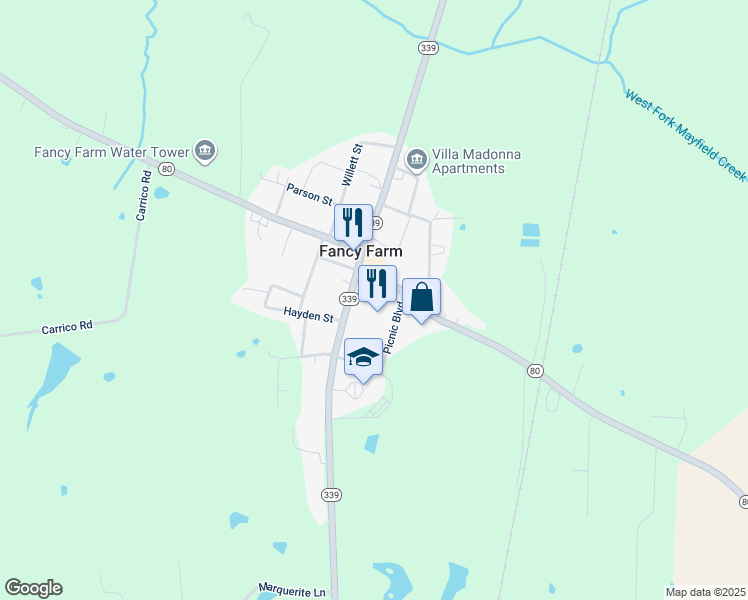 map of restaurants, bars, coffee shops, grocery stores, and more near 10225 Kentucky 80 in Fancy Farm