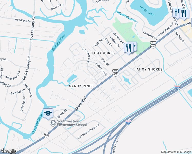 map of restaurants, bars, coffee shops, grocery stores, and more near 3845 Schooner Trail in Chesapeake