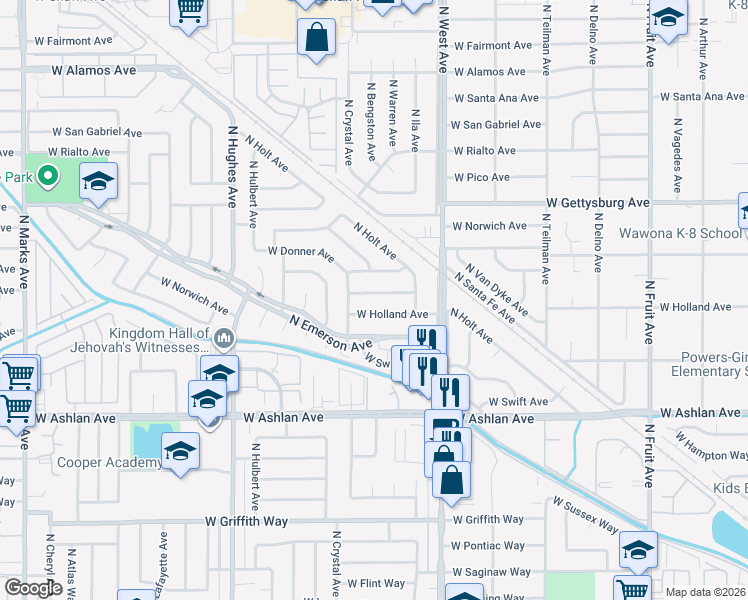 map of restaurants, bars, coffee shops, grocery stores, and more near 1559 West Ashcroft Avenue in Fresno