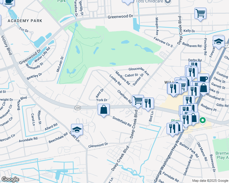map of restaurants, bars, coffee shops, grocery stores, and more near 28 Chatham Road in Portsmouth
