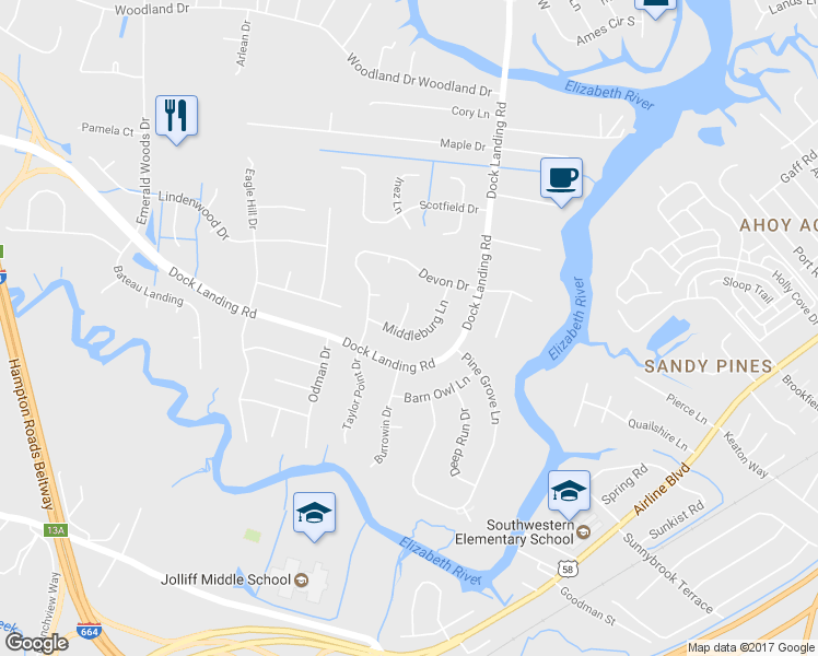 map of restaurants, bars, coffee shops, grocery stores, and more near 1601 Upperville Court in Chesapeake