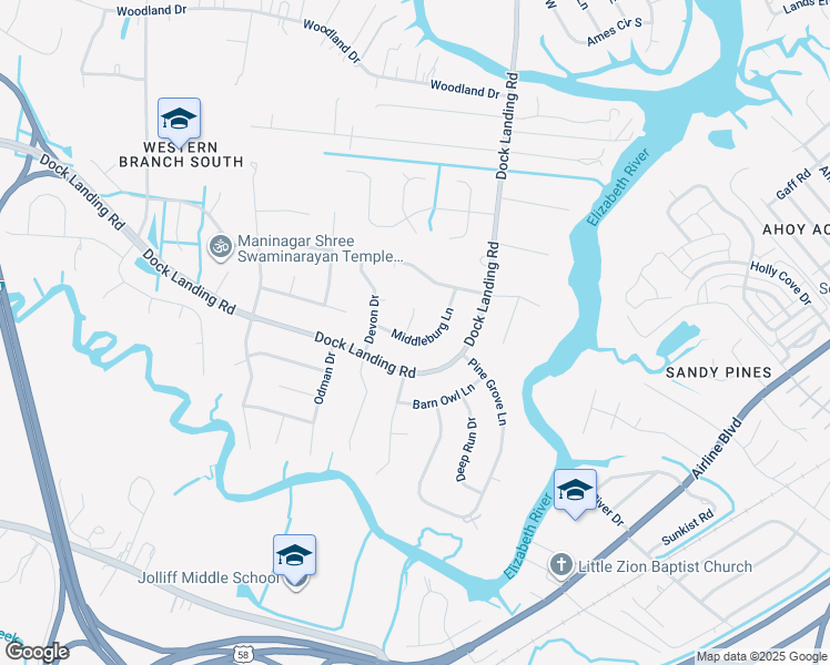 map of restaurants, bars, coffee shops, grocery stores, and more near 1601 Upperville Court in Chesapeake