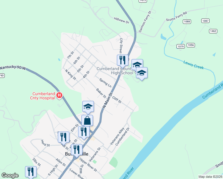 map of restaurants, bars, coffee shops, grocery stores, and more near 101 Spring Lane in Burkesville