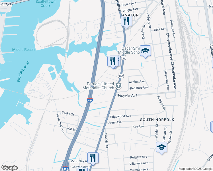map of restaurants, bars, coffee shops, grocery stores, and more near 2602B Harvard Drive in Chesapeake