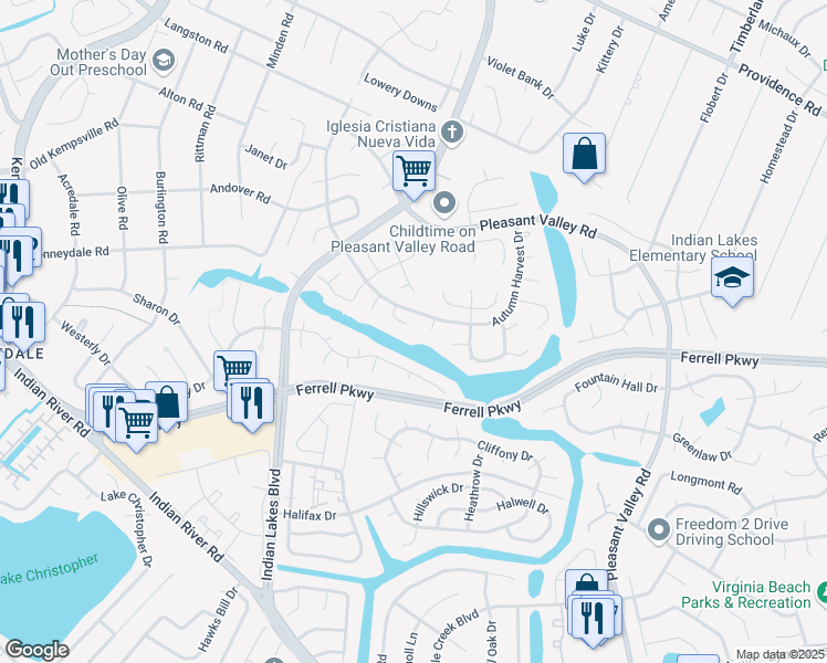 map of restaurants, bars, coffee shops, grocery stores, and more near 5144 Earlston Lane in Virginia Beach