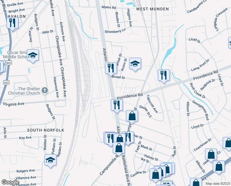 map of restaurants, bars, coffee shops, grocery stores, and more near 1848 Atlantic Avenue in Chesapeake