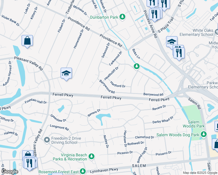 map of restaurants, bars, coffee shops, grocery stores, and more near 4841 Berrywood Road in Virginia Beach